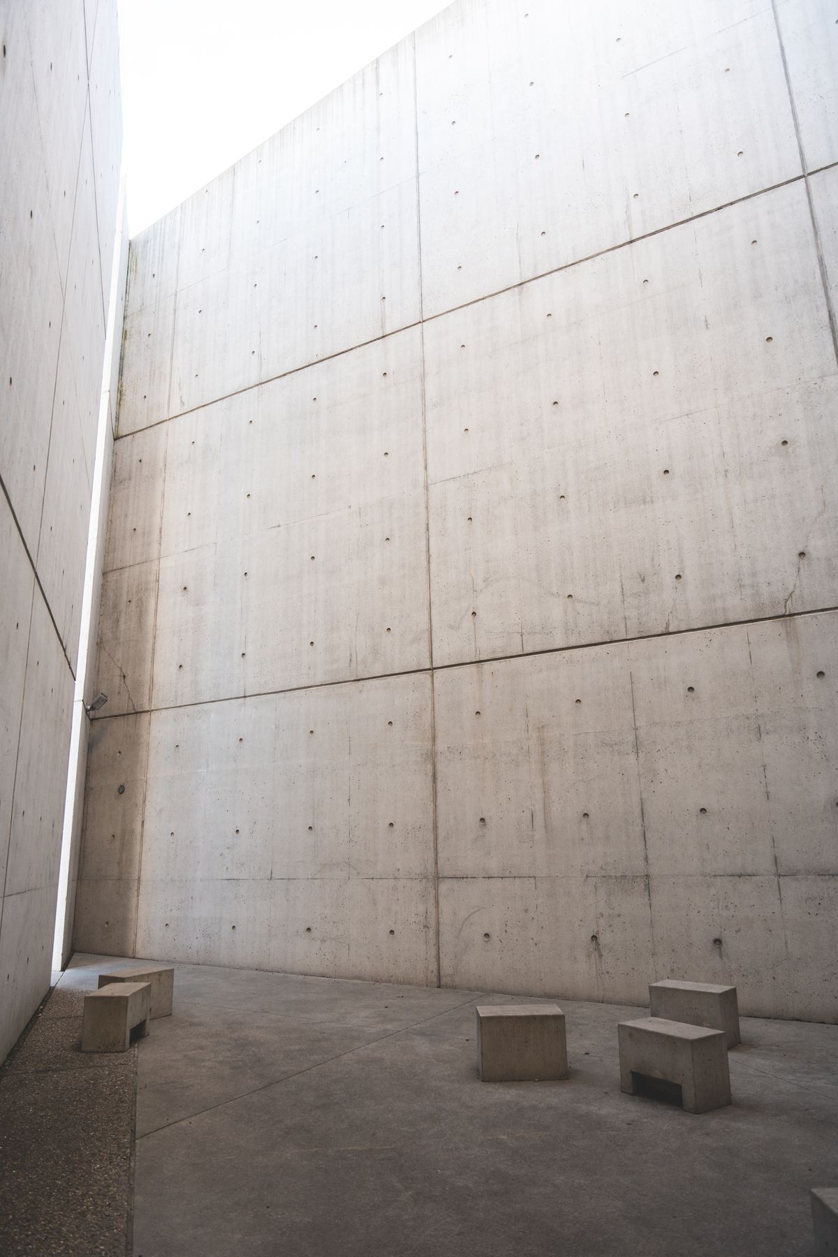 A tall board-marked concrete wall catching low sun in the courtyard of Kestrel Ridge House