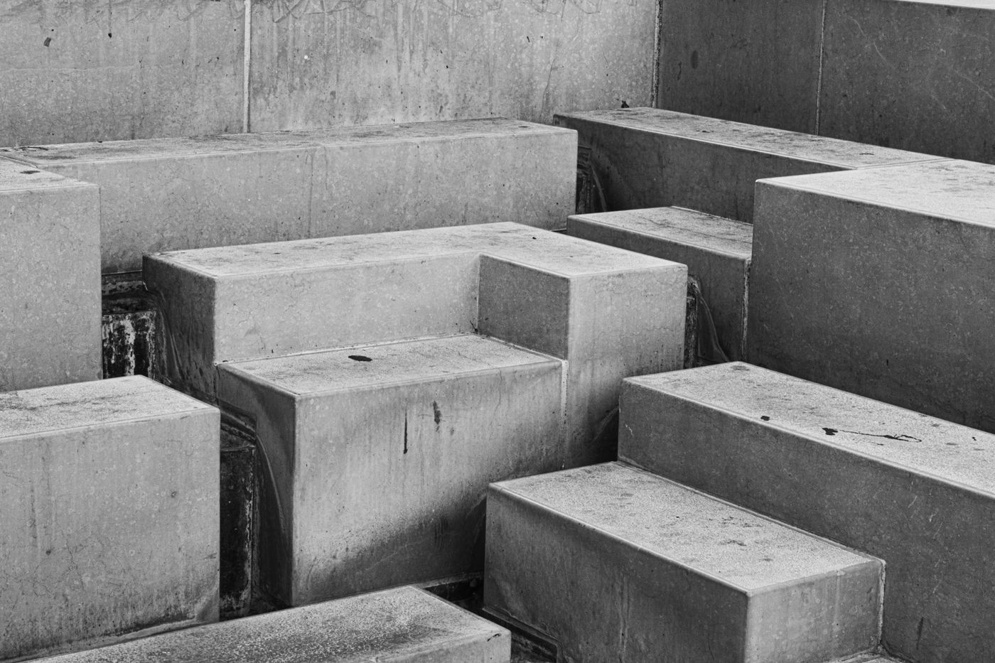 Stepped concrete seating blocks in black and white