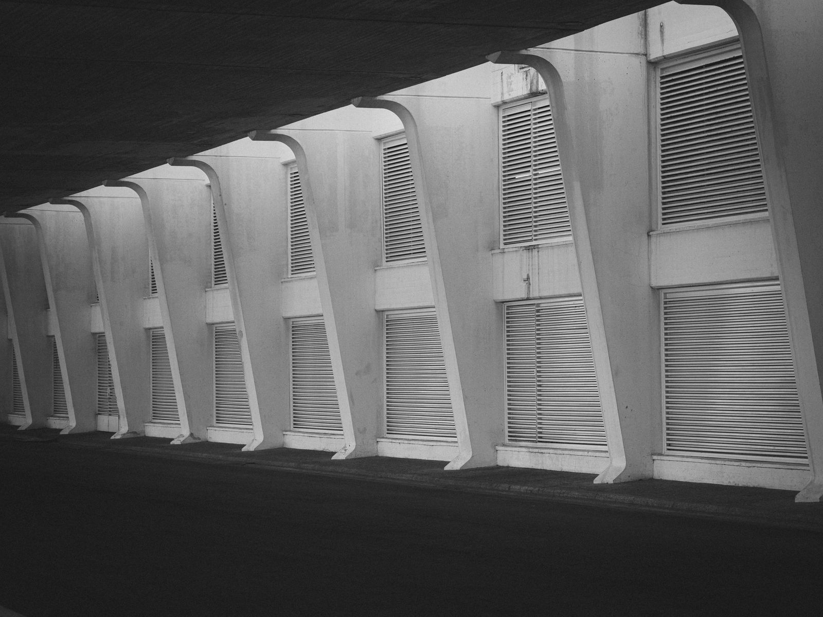 Rhythm of white concrete fins and shutters along a building facade, in black and white